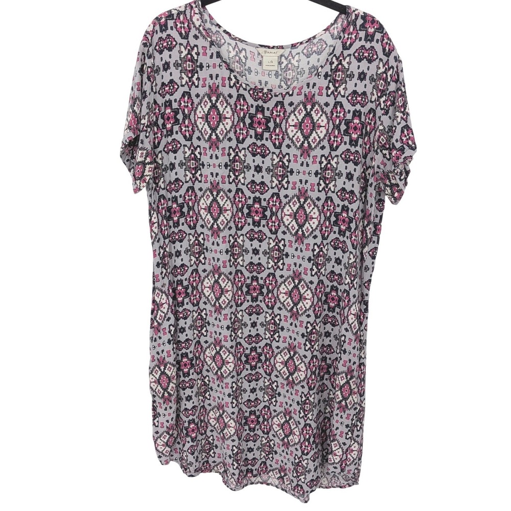 Ariat T-Shirt Dress Large Purple Southwestern Geometric Aztec Pockets Rayon